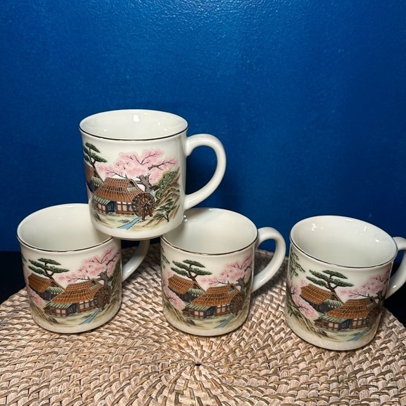 Vintage Japan set of 4 Cherry Tree Watermill Scene Coffee Mug Gold Trim no chips - Picture 1 of 6